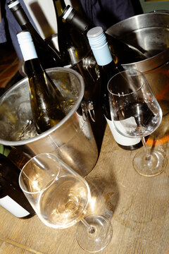 Empty wine glasses stand on the table