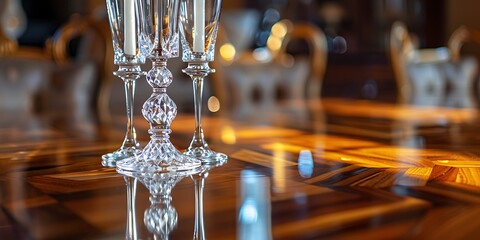 Elegant crystal champagne flutes await celebration on a polished wooden table