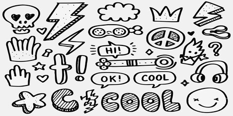 Collection of hand drawn doodle icons and symbols for creative design projects