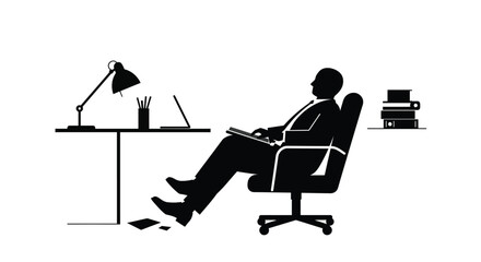 A relaxed professional works at a desk with lamp and reading material