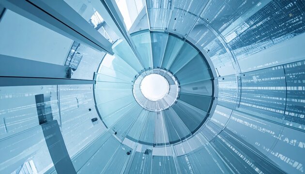 Dramatic upward perspective captures a modern, architectural  of a spiraling staircase, constructed with transparent glass and metal, creating a striking interplay of light and shadows within the...