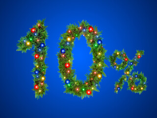The number 10 percent sign,decorated with festive Christmas lights