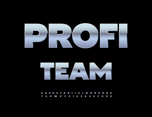 Vector Metallic emblem Profi Team. Bold Silver Font. Classic Steel Alphabet Letters and Numbers.