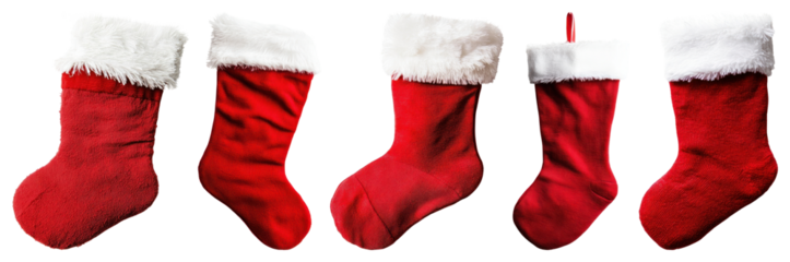 PNG Festive red Christmas stockings variety, element set on transparent background