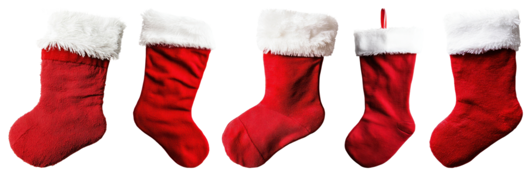 PNG Festive red Christmas stockings variety, element set on transparent background