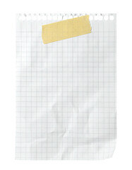 A grid-lined notebook page, taped with yellow, torn paper, spiral bound, on a black background