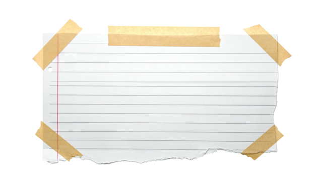 Torn lined paper, held by tape, floating against a black background