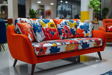 Colorful floral sofa in bright interior setting