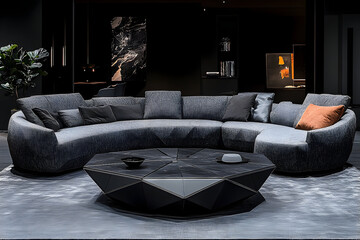 Modern curved sofa and geometric coffee table in dark living room