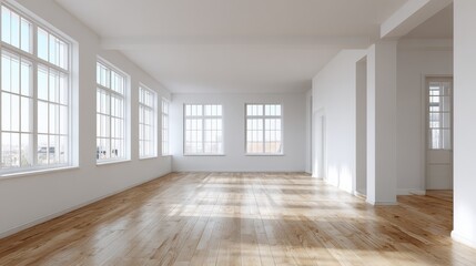Fototapeta premium modern sunny empty loft room with white wall and wooden floor 3d render no logos no brands ar 169