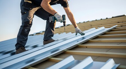 Professional roofer installing metal roofing panels for durable and weather-resistant home exterior