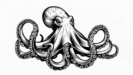 Detailed Engraving of an Octopus with Tentacles Spread Wide.