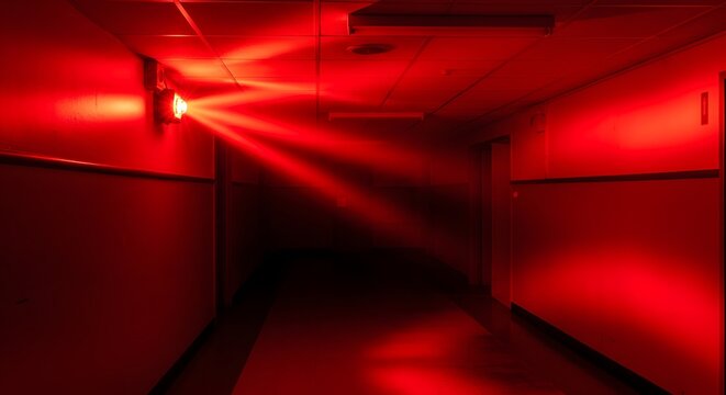 Eerie red emergency light illuminating dark desolate hallway, spooky atmosphere for halloween design - Powered by Adobe