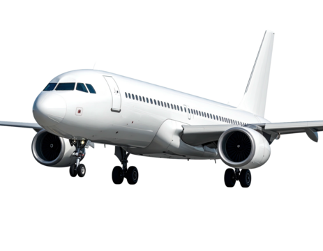 A shiny white passenger aircraft, nose and engines visible, isolated on a transparent background