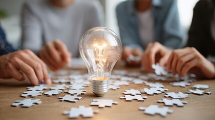 business office people startup and teamwork concept  close up of creative team sitting at table and putting together puzzle pieces with light bulb picture no logos no brands ar 169