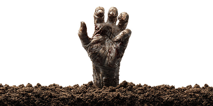 Spooky zombie hand rising from the grave in the dark night Concept of Halloween, horror, undead, fear, and mystery - Powered by Adobe