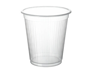 A transparent, ribbed plastic cup with a lid, set against a dark background