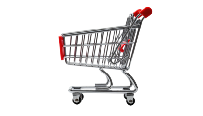 Shiny, metal shopping cart with red handle accents, isolated on a black background