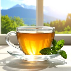 Glass teacup filled with tea, mint leaves, window view