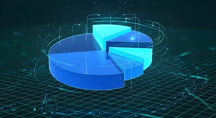 Digital data visualization with futuristic blue pie chart on grid background for business analysis and financial presentation