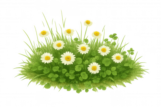 Daisies blooming among green grass and clover, forming a vibrant patch of spring or summer vegetation with a clear background