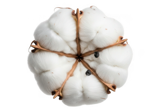 Close up top view of a natural cotton boll showing fibers and seeds isolated isolated on transparent background