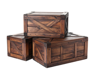 Three weathered wooden boxes stacked, showcasing intricate carpentry and aged aesthetics