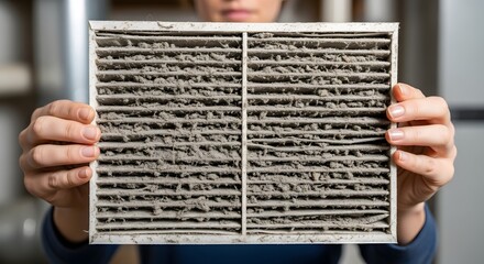 Close-up of a dirty air filter held by hands signifying the importance of regular maintenance for clean indoor air quality and efficient air conditioning systems