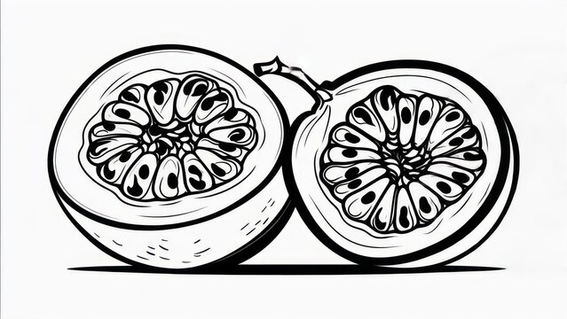 Detailed black and white line art illustration of two halved passion fruits, showcasing their intricate seeds and pulp, perfect for coloring books or botanical studies.
