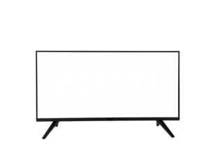 Sleek, black rectangular television with a bright, blank screen, set against a deep black background