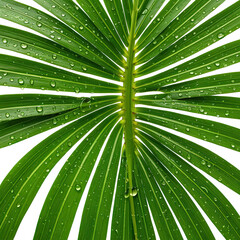 Detailed, close-up shot of a bright green palm leaf with water droplets