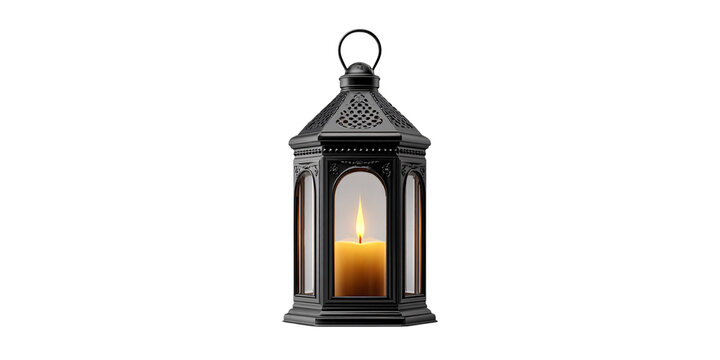 Elegant black lantern with a glowing candle flame, casting a warm light in the darkness Concept of cozy evenings, home decor, and peaceful ambiance