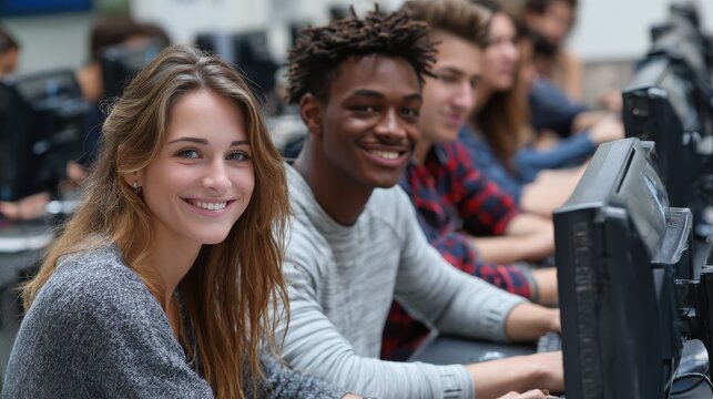 smart students in computer class smiling at the camera while working on desktop computers no logos no brands ar 169
