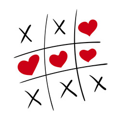 Tic tac toe game paper cross red heart sign symbol. XOXO. Happy Valentines day. Love card. Hand drawn doodle. Childish style. Love wins. Flat design. White background. Isolated. Vector illustration