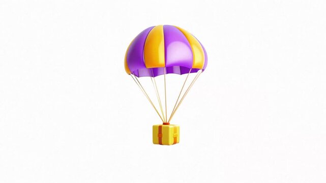 A colorful cartoon-style parachute carrying a gift box, featuring vibrant purple and yellow colors.