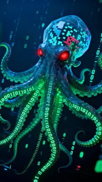 Pixelated robotic octopus with glowing crimson eyes emerging from dark technological landscape, tentacles intertwined with streaming binary sequences and digital data streams
