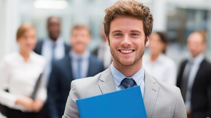 successful smiling young male job applicant holding a blue file with his curriculum vitae posing in front of his new work colleagues or business team no logos no brands ar 169