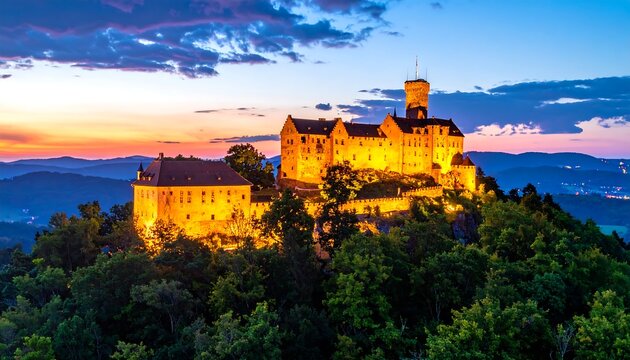 Ancient castle perched on hilltop at sunset.  Towering stone structure illuminated at twilight.  Surrounding forest and distant mountains.  Dramatic sky filled with vibrant colors - Powered by Adobe