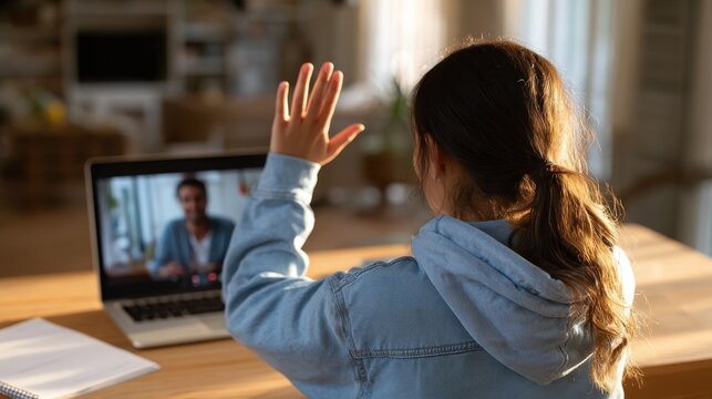 hispanic teen girl school college student distance learning waving hand studying with online teacher on laptop screen elearning zoom video call videoconference class with tutor over shoulder view no  - Powered by Adobe