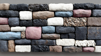 Colorful stacked stone wall on gray backdrop for architectural cladding