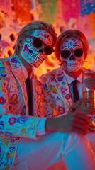 Fototapeta premium Halloween gathering: a night of costumes and drinks. Abstract neon. Neon-lit costumed gathering toasting with halloween drinks. Acid colors. Neon poster.