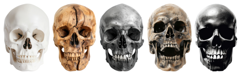 PNG Diverse skulls in varying textures, element set on transparent background