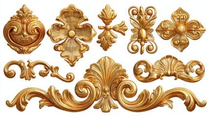 set of metal gold ornaments isolated on white or transparent background