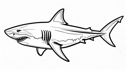 Obraz premium Detailed black and white illustration of a great white shark swimming.
