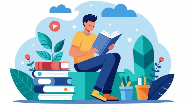 A man is seated on a pile of books, engrossed in reading a book, A man reading a book and browsing, Simple and minimalist flat 2d Animation