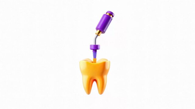 A bright yellow tooth with a purple dental tool, symbolizing dental care and technology.