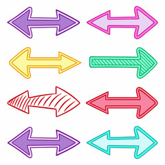 Collection of colorful hand drawn arrows pointing in opposite directions