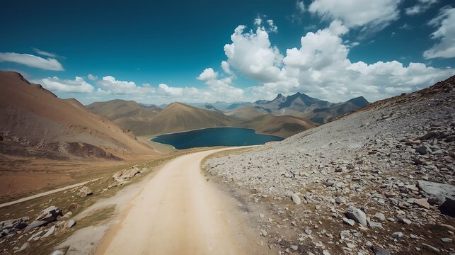Winding road leads to a serene lake surrounded by mountains