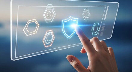 Futuristic digital interface hand touching shield icon cyber security network technology concept