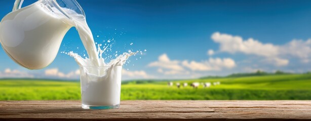 The Milk Pouring Into A Glass On A Rustic Wooden Table In Sunny Pasture